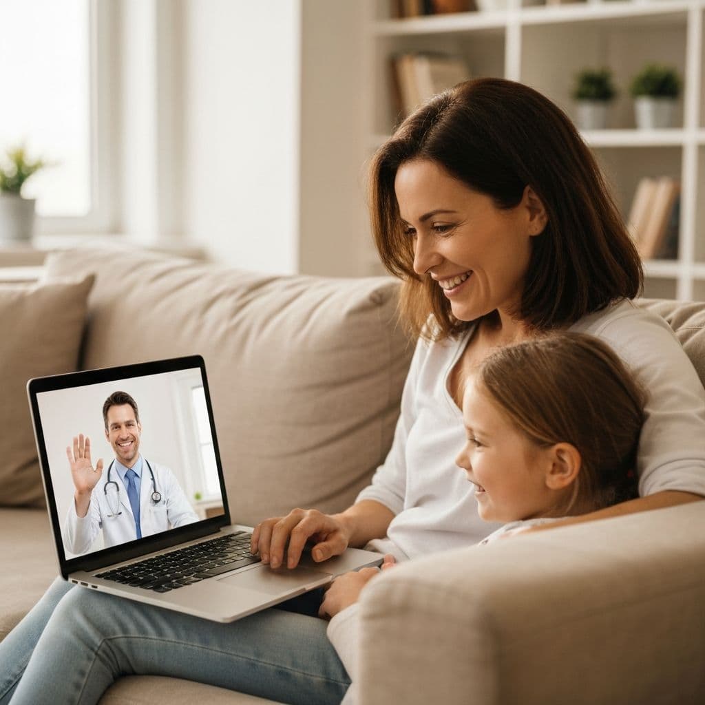 Mother and child on a video call consultation with a doctor on their laptop