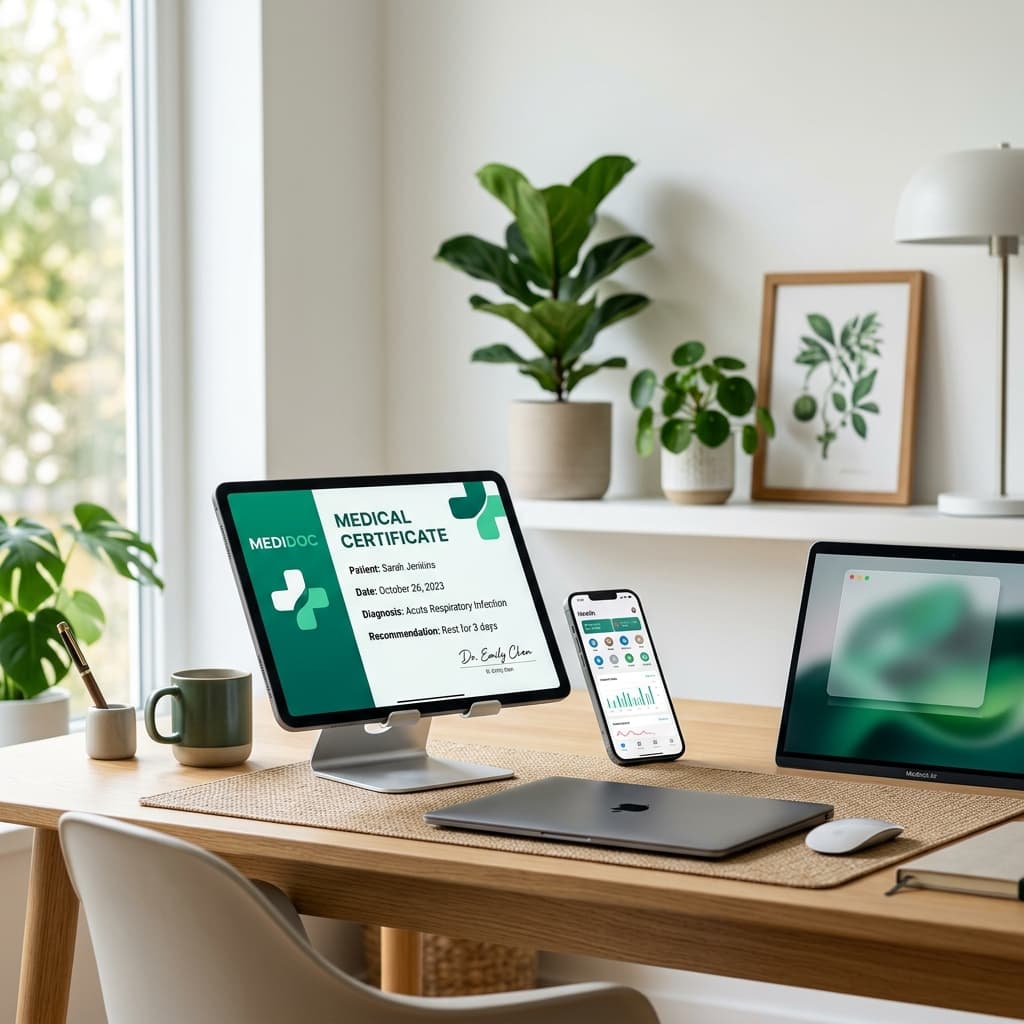 Professional digital medical certificate on a modern desk in Australia