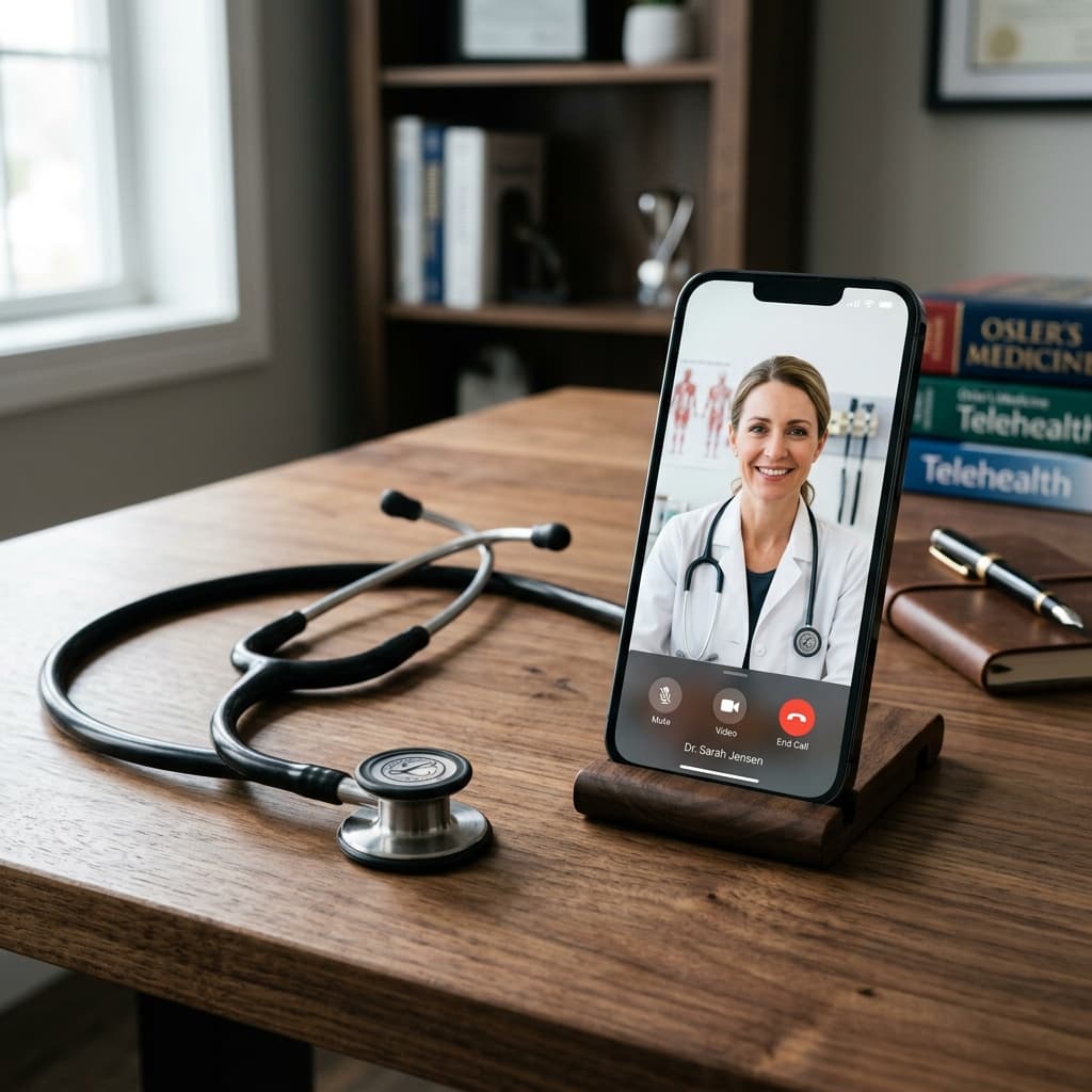 Conceptual image of telehealth vs in-person GP visits with smartphone and stethoscope