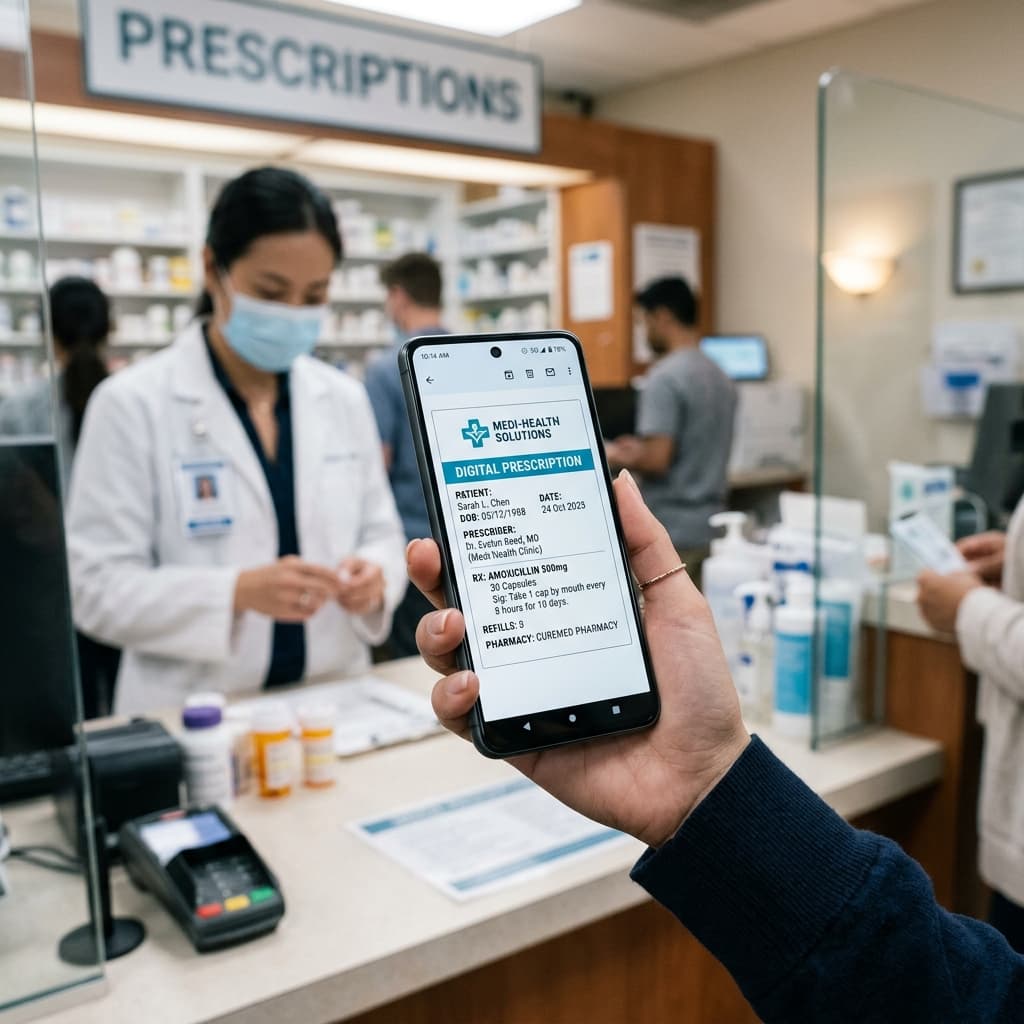 Smartphone displaying digital prescription token with blurred pharmacy background in Australia