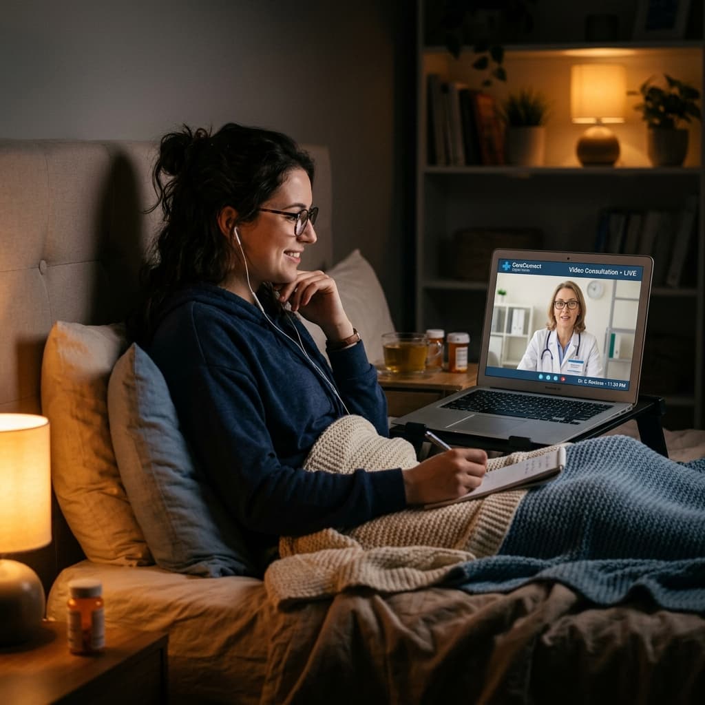 Sick patient having a late night after hours telehealth consultation with doctor online from bed