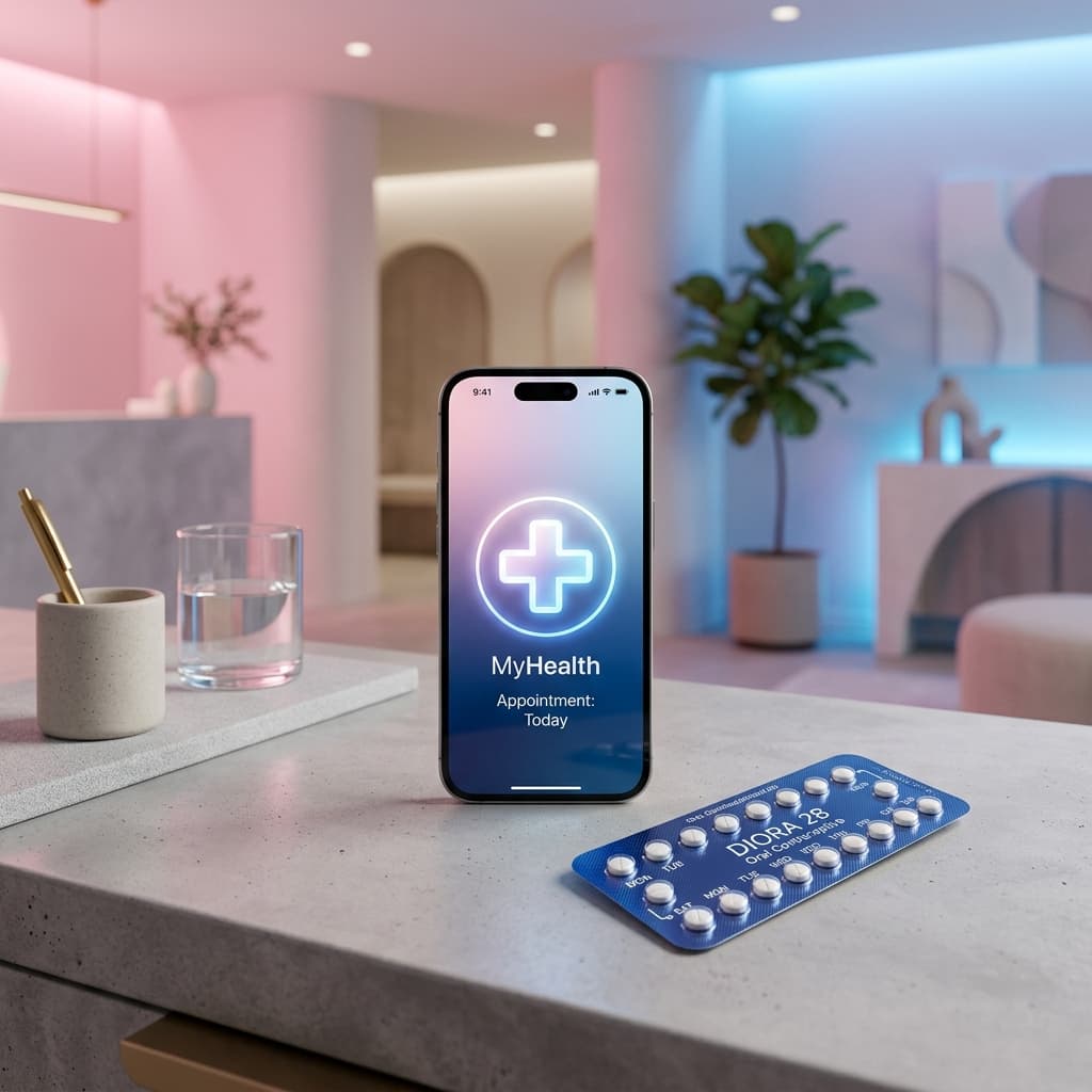 Medical smartphone icon next to oral contraceptive birth control pills