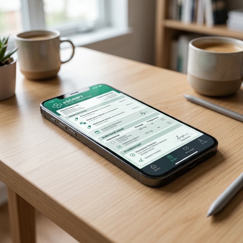 Digital eScript interface on a smartphone representing repeat prescriptions online in Australia