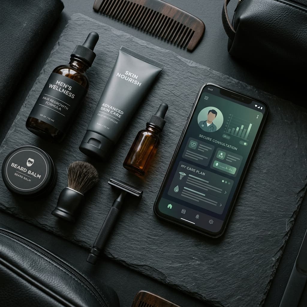 Discreet telehealth consultation covering men’s health and hair loss via smartphone.