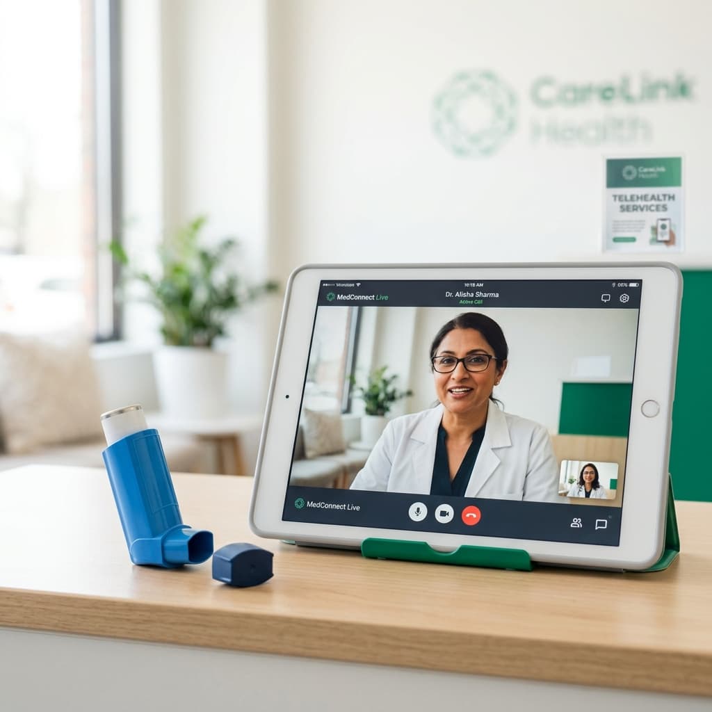Asthma inhaler next to a modern telehealth tablet displaying an online doctor consultation.