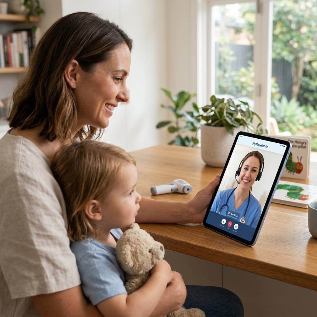 Parent securely consulting with an online paediatrician via a modern telehealth tablet.