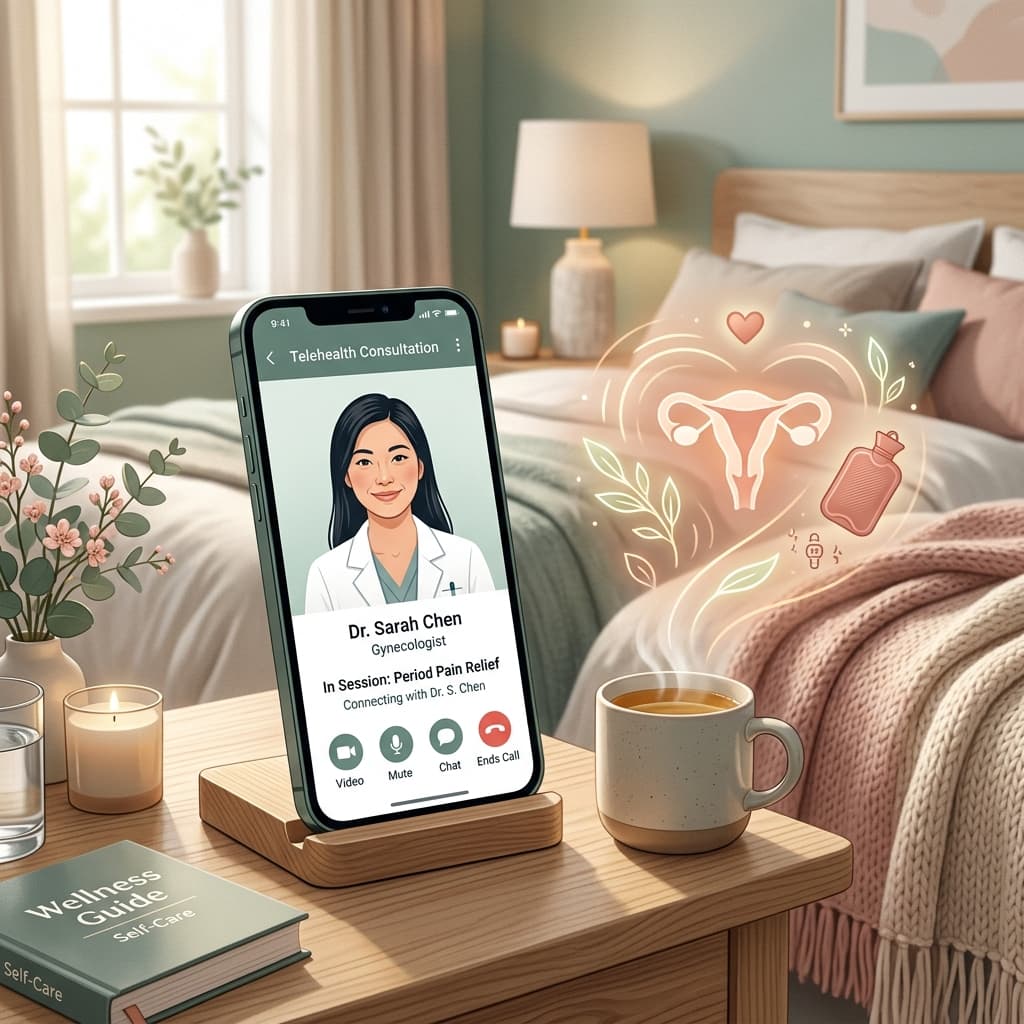 Professional illustration representing period pain relief through telehealth in Australia