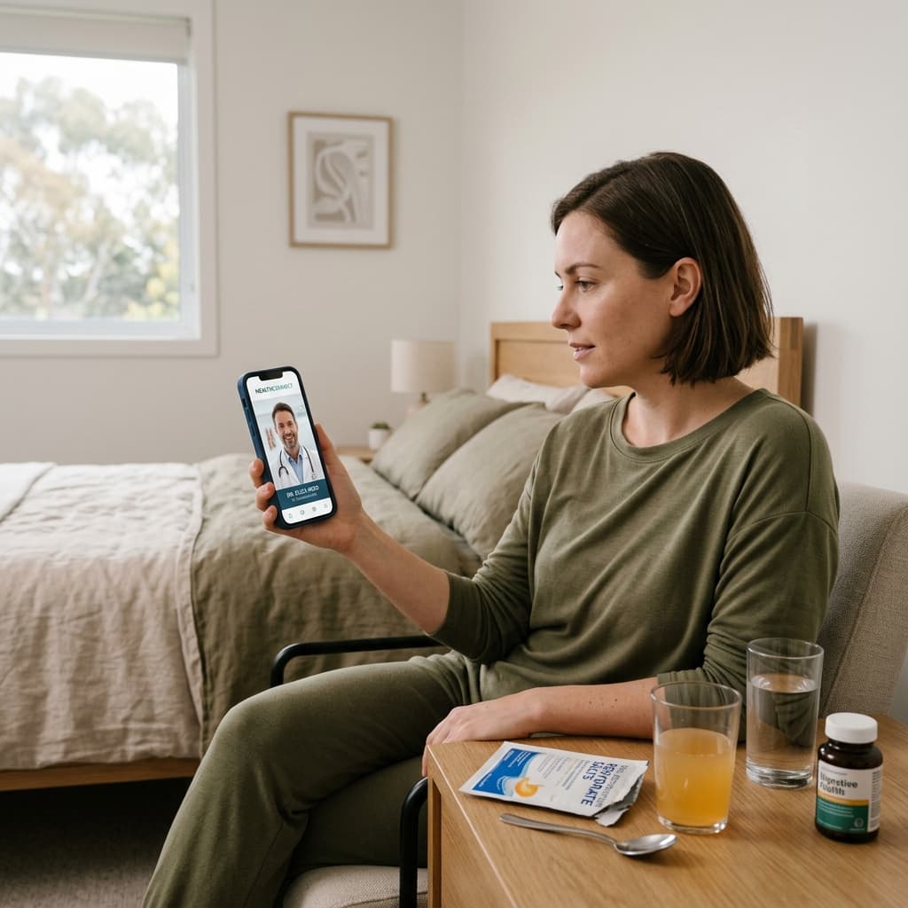 Professional telehealth scene representing gastro treatment at home in Australia