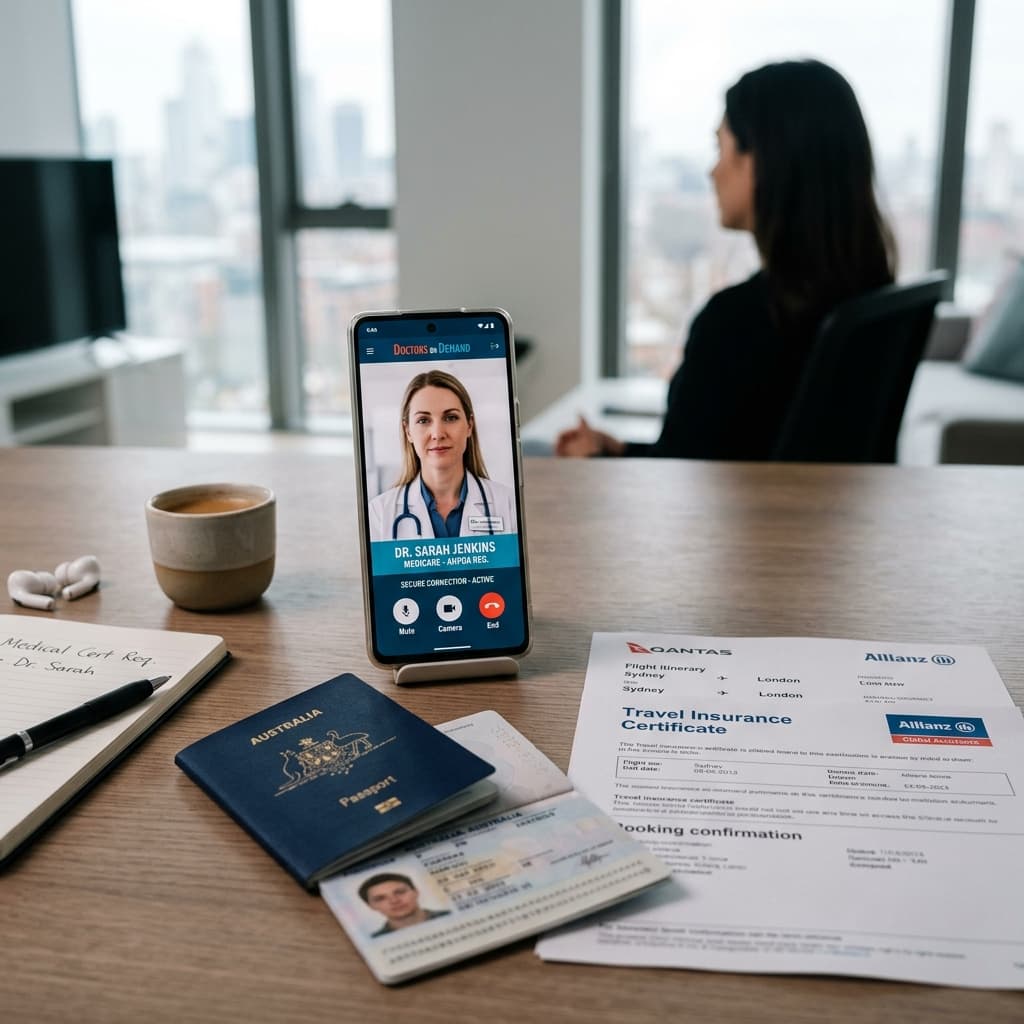 Australian traveling overseas seeking a medical certificate online via telehealth on a smartphone next to a passport